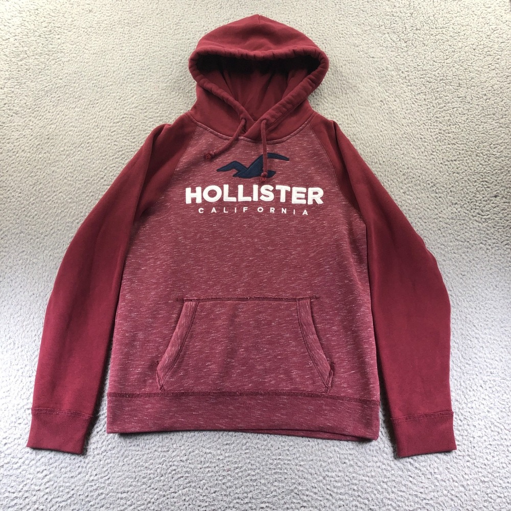 Hollister Hoodie Men Small Red Fleece Y2K Puff Embroidered Log Hooded Sweatshirt